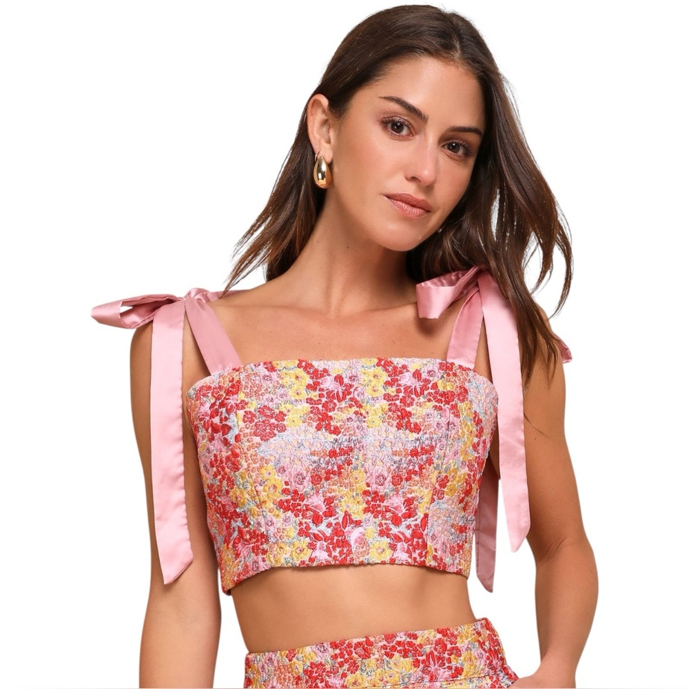 LULU'S ☆ Ellarina Pink Floral Metallic Crop Top Ribbon Tie ☆ NWT